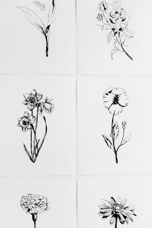 Black & White Flower Prints | Set of 12